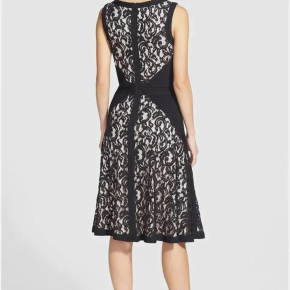 Tadashi Shoji Dress Sleeveless Lace Fit And Flare Midi V-Neck Black Cream Size 6 - Picture 6 of 11